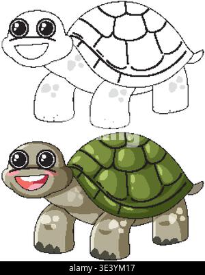 Eine lächelnde Zeichentrickschildkröte, die sowohl in schwarz-weiß-Umrissen als auch in voller Farbe präsentiert wird Stock Vektor
