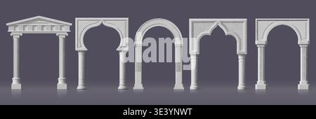 Realistischer Palastbogen mit weißem Marmor-Säulentor oder -Bogengang, Vektor-3D-Architektur-Set. Antike römische und griechische Säulenbögen mit geschnitzten Formteilen. Realistische Türrahmen von Schloss, Tempel oder Moschee Stock Vektor