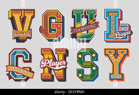 Varsity Sport Patch-Etiketten, Retro-Briefabzeichen mit sportlichen und sportlichen Verzierungen wie Stars, Banner, Flügel und Team-Slogans. Vektor-Typografie für Schulligen, Bekleidungsdrucke Stock Vektor