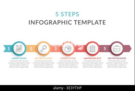 Infografikvorlage mit Pfeilen mit 5 Kreisen mit Symbolen und Text, Prozessdiagramm, Workflow, Vektorgrafik eps10-Illustration Stock Vektor