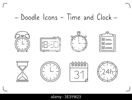 Uhr- und Uhrzeitsymbole, handgezeichneter Doodle-Stil, Vektor-eps10-Illustration Stock Vektor