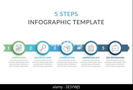 Infografikvorlage mit Pfeilen mit 5 Kreisen mit Symbolen und Text, Prozessdiagramm, Workflow, Vektorgrafik eps10-Illustration Stock Vektor