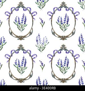 Nahtloses Aquarellmuster mit einem sich wiederholenden, verzierten Vintage-Rahmen und einem Lavendelstrauß innen. Detaillierte handgezeichnete Illustration mit lila Stockfoto