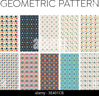 Buntes Bündel Mit Geometrischem Kreismuster, Nahtlose Hintergründe Mit Retro-Polka-Dot, Moderne Abstrakte Punktstrukturen Aus Der Mitte Des Jahrhunderts, Digitales Papierpaket Stock Vektor