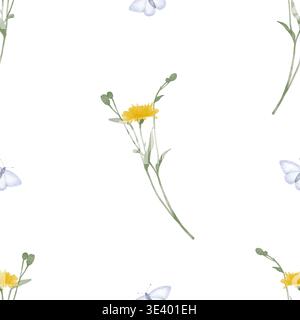 Nahtloses Muster mit gelben Löwenzahnblüten und kleinen blauen Schmetterlingen. Handgezeichnete Aquarellzeichnung Illustration. Ideal für Textiltapeten, Verpackungspapier für Postkarten Stockfoto