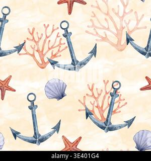 Nahtloses Muster mit Ankern Korallenstern und Muscheln in Ozeankomposition. Handgezeichnete Aquarellzeichnung Illustration mit Meereselementen, für Textilgewebe Tapete Verpackung Verpackungspapier. Stockfoto