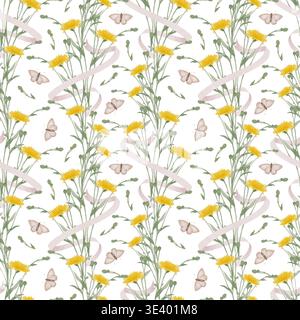 Nahtloses Muster mit gelben Wildblumen, grünen Stängeln und kleinen Schmetterlingen. Handgezeichnete Aquarellzeichnung Illustration mit botanischen Blumenelementen, ideal für Textiltapeten. Stockfoto