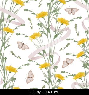 Nahtloses Muster mit gelben Wildblumen, grünen Stängeln und kleinen Schmetterlingen. Handgezeichnete Aquarellzeichnung Illustration mit botanischen Blumenelementen, ideal für Textiltapeten. Stockfoto