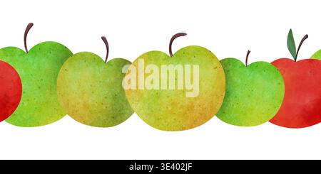 Nahtlose Musterkante mit grünen Äpfeln und einem roten Apfel. Helle Aquarellfrüchte, verspielte Sommerstimmung. Perfekt für Babyduschen und Kindertextilien Stockfoto