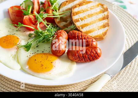 Rustikales hausgemachtes Frühstück mit gebratenem Ei und Wurst Stockfoto