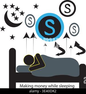 Person, die friedlich im Bett schläft, während Geldsymbole aufsteigen, die ein passives Einkommenskonzept zeigen Stock Vektor