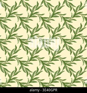 Nahtloses Vektor-Muster des Olivenbaums. Handgezeichnetes Blumengitter mit grünem Blatt auf beigefarbenem Hintergrund. Botanisches Design für italienische Bio-Lebensmittelverpackungen. Küchendruck für Tapeten und Textilien. Stock Vektor