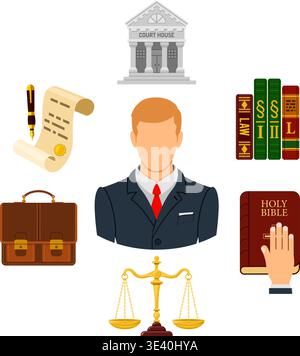 Kriminalität und Bestrafung Konzept in flachen Symbolen wie Anwalt, Aktenkoffer, Gerichtsgebäude und Law Books. Vektor für Broschüre, Website und Werbung. Stock Vektor