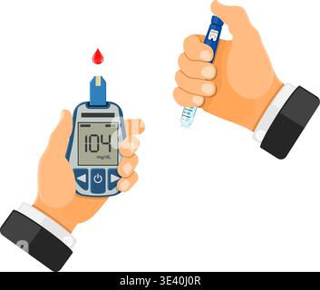 Steuern Sie Ihren Diabetes Konzept. Weltdiabetestag. Händen hält Blutzuckermessgerät und Insulin pen Spritze. isolierte Vector Illustration Stock Vektor