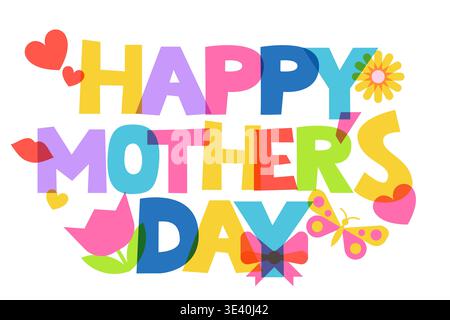 „Happy Mothers Day“-Schriftzug im hellen, verspielten Stil. Vektorabbildung. Designelemente für Weihnachtsgrußkarte, Banner, Poster, Flyer, T-Shirt PR Stock Vektor