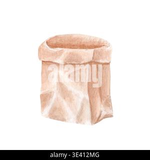 Kraftpapiertüte Aquarellabbildung isoliert auf weißem Hintergrund. Handbemaltes Backwaren-Verpackungselement für Brotmarken, Design für Bio-Lebensmittel Stockfoto