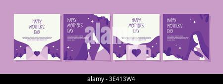 Ein Set stilvoller Motive zum Muttertag mit eleganten weißen und violetten Silhouetten von Mutter und Kind, perfekt für Grüße, Social Media Posts, Stock Vektor