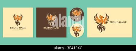 Phoenix Logo Set mit Markenidentität auf blaugrün und braune Vektor Illustration. Stock Vektor