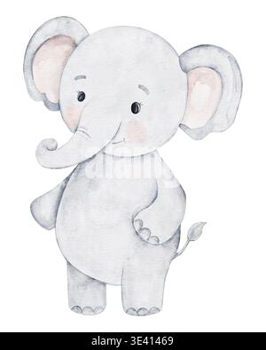 Niedlicher Elefant, handgemalt in Aquarell. Perfekt für eine Baby- oder Mädchendusche, Kinderzimmer-Dekoration oder Geburtstagseinladungen. Kinderdekor und Stockfoto