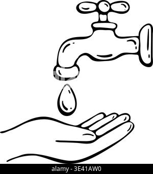 Vektorsymbol für wassersparende Handwäsche. Handgezeichnete Kritzelillustration eines Wasserhahns mit einem Tropfen, der auf eine Palme fällt. Stock Vektor