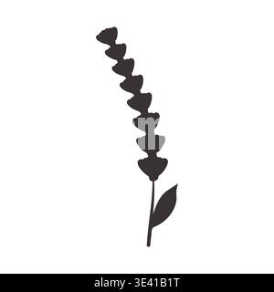 Die schwarze Silhouette eines einzelnen abstrakten Blumenstiels steht vertikal auf einem sauberen weißen Hintergrund. Verfügt über mehrere kleine Blumenkästen und ein markantes Blatt, ideal für dekoratives grafisches Design. Stock Vektor