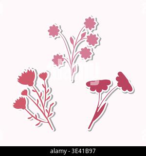 Drei hübsche pinkfarbene Blumenaufkleber sind auf einem klaren hellen Hintergrund zu sehen. Jeder Aufkleber hat ein einzigartiges Blumendesign, perfekt für Scrapbooking, Basteln und Dekoration. Stock Vektor
