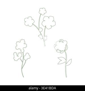 Es werden drei verschiedene Strichkunstblumen-Illustrationen präsentiert. Jede Blüte zeigt elegante grüne Linien, die botanische Schönheit in einem klaren, minimalistischen Stil zeigen. Stock Vektor
