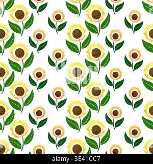 Vertikale Verzierung von Sonnenblumen. Nahtloses Blumenmuster im Landhausstil für den Sommer. Hübsches Dekor mit gelben grünen Blumen. Blumenmuster gekrümmter Blätter Stock Vektor