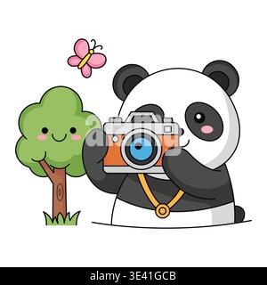 Netter Panda Charakter, der Kamera hält und Bild in der Natur mit Smiley Baum flache Vektor-Illustration nimmt Stock Vektor