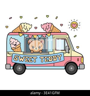 Süßer süßer Teddy Eiswagen mit Bärenlieferant, weicher Servierkegel und Sprinkles Illustration Stock Vektor