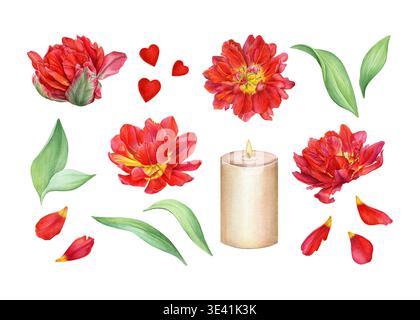 Aquarellset mit roten Doppeltulpen, Blättern, Blütenblättern, kleinen Herzen und einer Kerze. Perfekt für romantische Designs, Karten, Hochzeitspapiere, Verpackungen Stockfoto