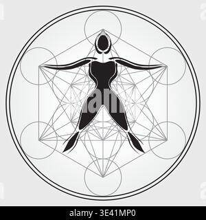 Heilige Geometrie menschliche Figur mit Metatron Cube – spirituelle Balance Illustration – Vektor Design Schwarz und weiß Stock Vektor