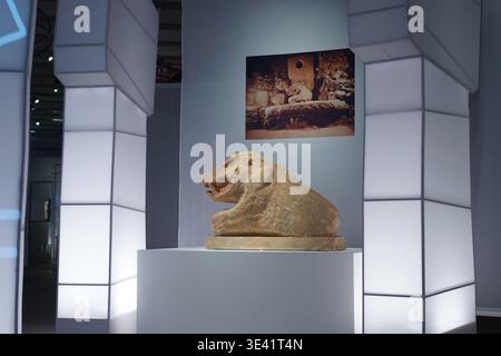 Berlin, Deutschland - 25. März 2026: Ausstellung „Building Community“ in der James Simon Gallery mit Wildschweinskulpturen und T-Säulen-Installationen. Stockfoto
