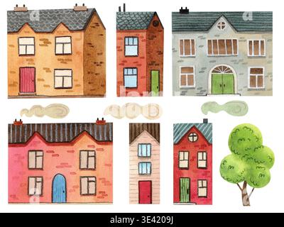 Eine Reihe von gemütlichen zweistöckigen Häusern. Handgezeichnete Aquarellbilder von Gebäuden. Städtische Strukturen aus Ziegeln und Stein. Stockfoto