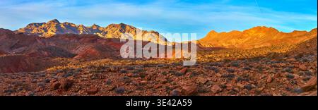 Panorama der sonnendurchfluteten Muddy Mountain Range und der zerklüfteten Wüstenlandschaft bei Sonnenaufgang Stockfoto