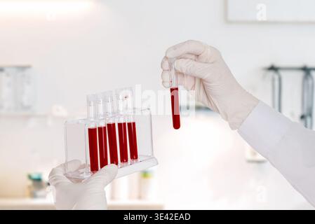 Hände mit Handschuhen, die Blutproben in Rack und Reagenzglas halten, Labor-Workflow und klinisches Analysenkonzept Stockfoto