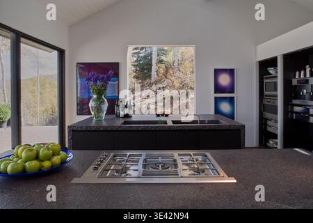 Moderne Aspen-Küche mit Bergblick und minimalistischem Insel-Design Stockfoto