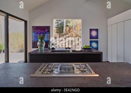 Moderne Aspen-Küche mit Bergblick und minimalistischem Insel-Design Stockfoto
