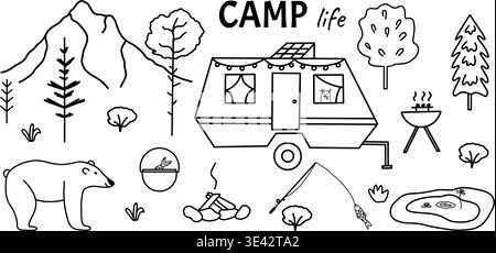 Campingplatz mit Wohnwagen und Bergen. Handgezeichnete Kritzelung für Reisedesign. Linienzeichnung mit Bär, Lagerfeuer, Angeln und Bäumen. Vektor i Stock Vektor