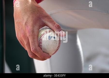 Eine Hand hält einen Baseball mit dem Major League Baseball Logo. Der Ball ist weiß mit roten Nähten, typisch für professionelle Baseballs. Stockfoto