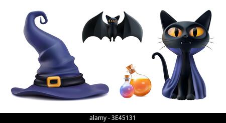 Halloween Symbol 3D Vektor Clipart. Schwarze Katze dracula, lila Hexenhut, Vampirfledermaus, Zaubertrank. Kinderkostümierte Party-Einladungs-Elementset. Gruselig Stock Vektor