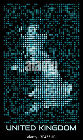 Digitale gepunktete Karte für Großbritannien. Form des Landes in der zyanblauen Farbpalette auf dunklem Hintergrund. Futuristisches Kartendesign für Großbritannien. Stock Vektor