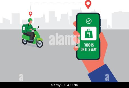 Essenslieferung per Roller mit Kurier. Hand hält eine mobile Anwendung, die einen Liefermann verfolgt. Skyline der Stadt im Hintergrund. Stock Vektor