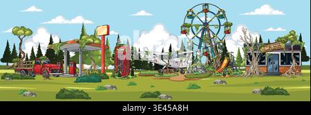 Große Pixel-Kunstlandschaft mit einsamen Vergnügungspark, Vintage-Tankstelle, Flugzeug und bewachsener Natur Stock Vektor