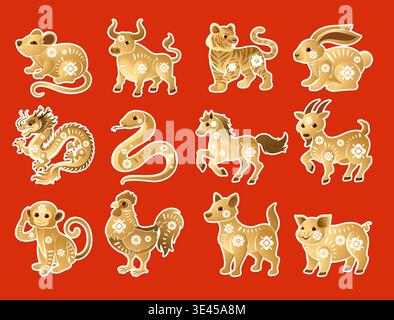 Goldene Vektor-Illustrationen von zwölf chinesischen Tierkreistieren auf einem massiven roten Hintergrund Stock Vektor
