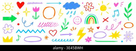 Buntstift Bleistift Kinderfarbe Symbol Set. Handgezeichneter Buntstift Pastellpinsel Farbe Kreidelinie Scribble Textur. Niedliches Kind Kinder Regenbogen Herz Stern Sonne Wolke Blume Schmetterling. Vektorabbildung Stock Vektor