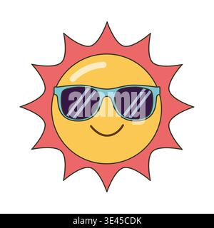 Die Figur der lächelnden Sonne trägt eine blaue Sonnenbrille mit rosafarbenen Strahlen Stock Vektor