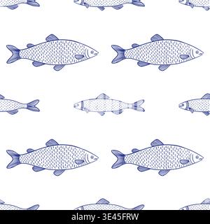 Handgezeichnete blaue Skizze mit Fischmuster Stock Vektor