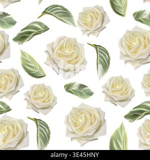 Nahtloses Aquarellmuster mit weißen Rosen und grünen Blättern, das Blumendesign für dekorative und künstlerische Zwecke zeigt. Stockfoto