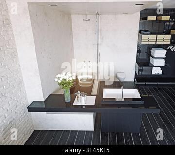 3D-Rendering eines modernen minimalistischen Badezimmers mit schwarzem Kosmetikbereich, weißem Waschbecken, Badewanne, Glasdusche, weißen Rosen, und dunkler Holzboden. Stockfoto